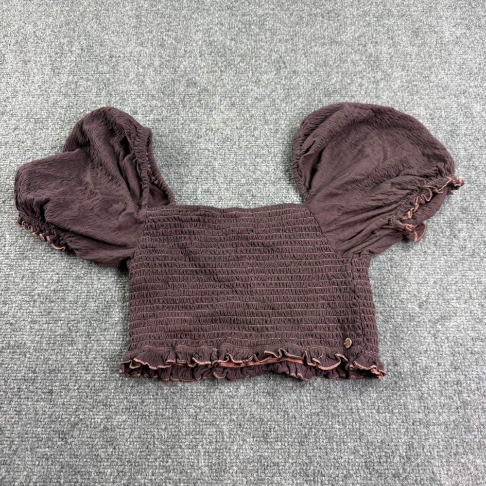 Roxy Crop Top Large Brown Smocked Puff Sleeve Ruffle Hem Women's